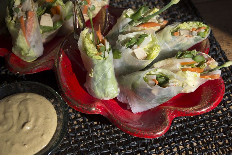 Asparagus &amp; Five-Spice Tofu Spring Rolls with Super-Sonic Nut Sauce
