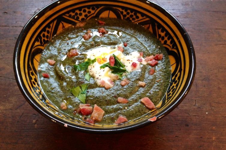 Swiss chard, asiago, and bacon soup