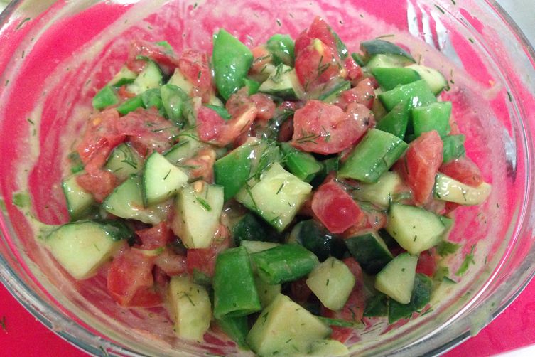 Cucumber, Tomato, and Snap Pea Salad with an Avocado and Dill Dressing: