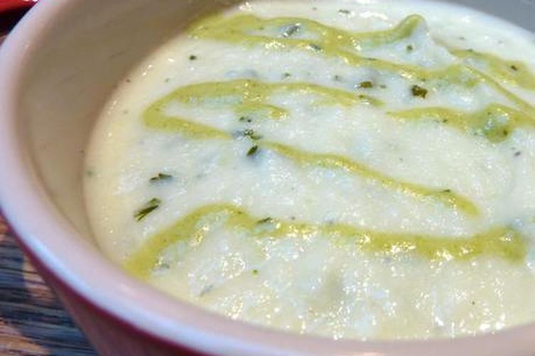 Roasted Cauliflower Soup with Chimichurri and Poblano Creme Fraiche