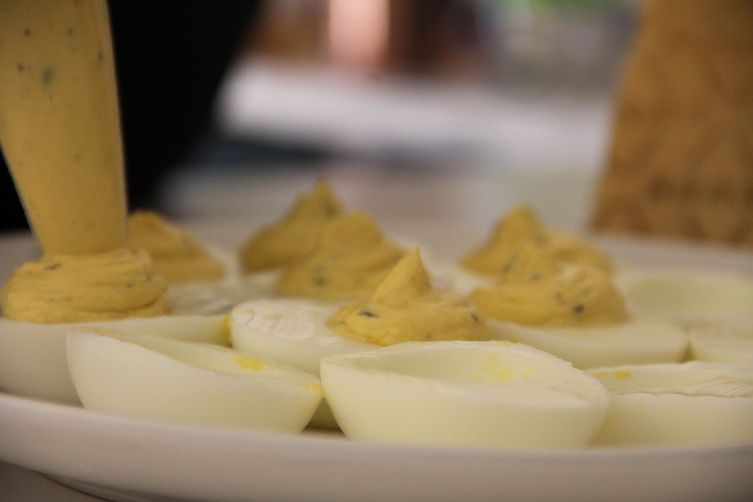Lemon Thyme Deviled Eggs with Grana Padano Frico