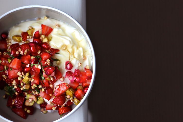 Yoghurt with Toasted Buckwheat, Mint, Berry + Pomegranate Salad