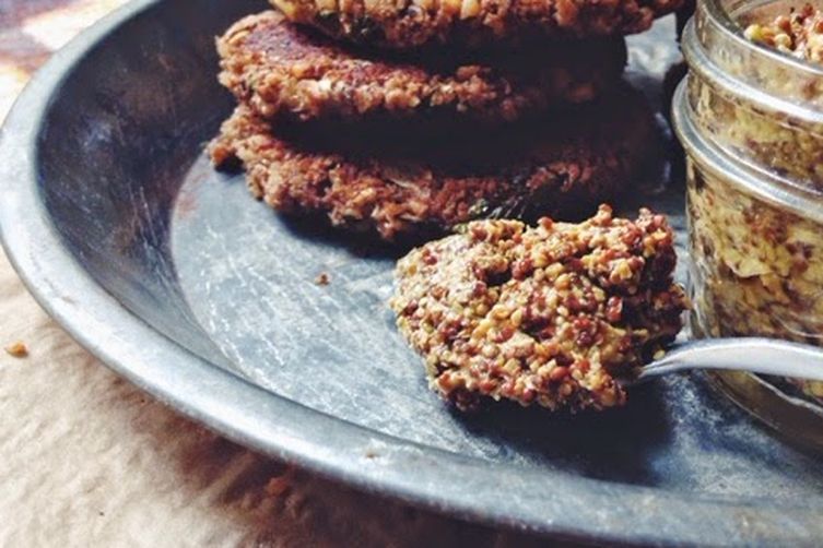 Lentil-Walnut Burgers with Mustard Greens and Caramelized Sweet Onions