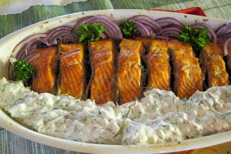 Salmon Roasted With Anchovies and Served with Anchovy Mayonnaise Tzatziki