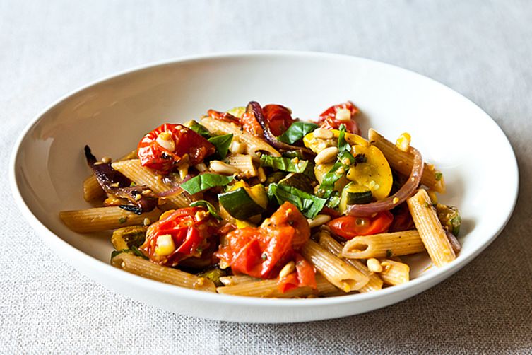Penne with Sweet Summer Vegetables, Pine Nuts, and Herbs