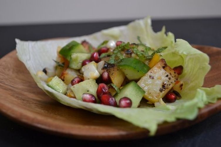 Grilled summer salad with a citrus &amp; pomegranate molasses dressing.