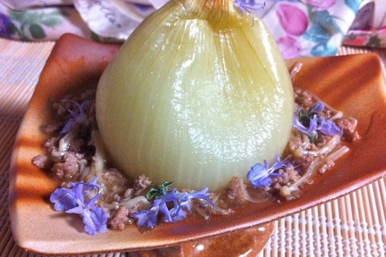 Onion On A Pedestal with Beef Enoki Sauce and Rosemary Flowers